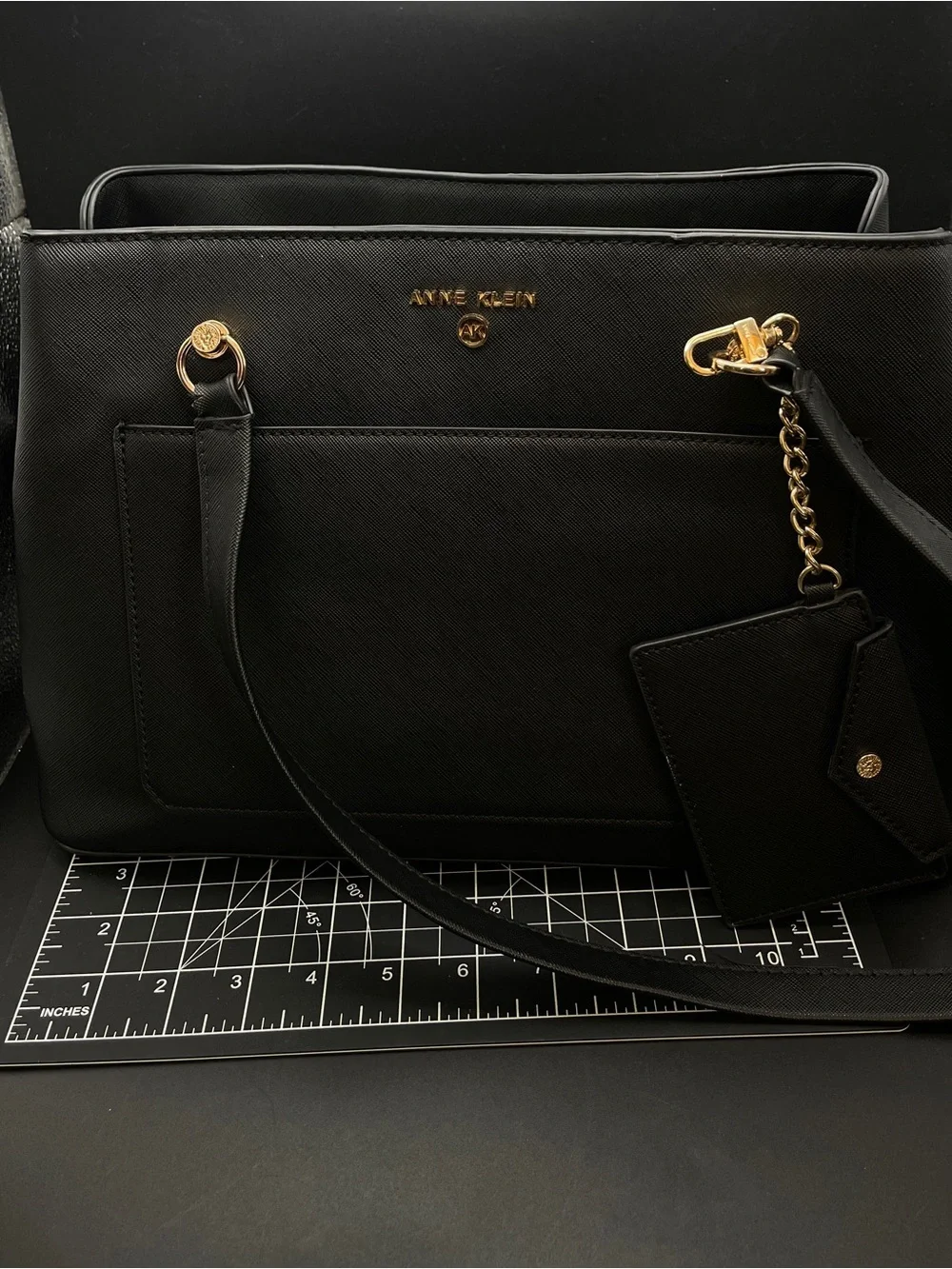 Anne Klein Sylvia Black Saffiano Tote Bag Gold Hardware w/ Removable Pouch